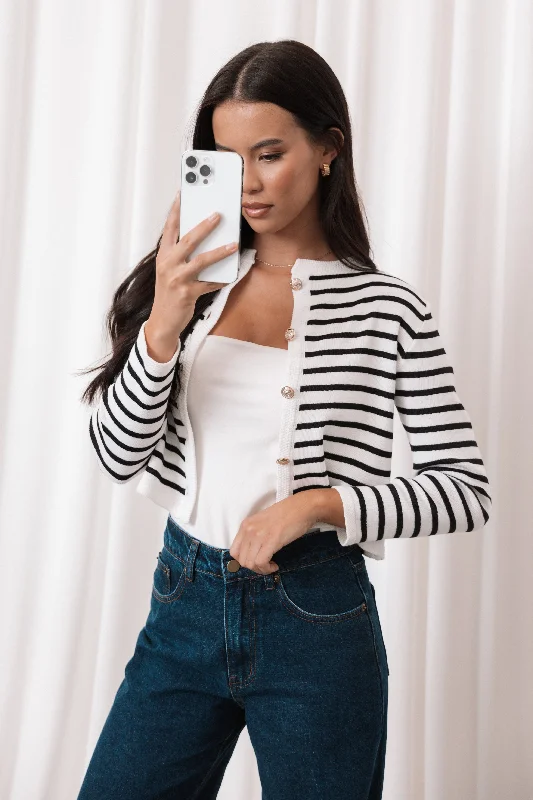 Cynthia Striped Button Front Cardigan - Black/Cream Cardigan Knitwear Sweater