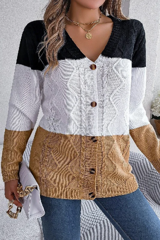 WOMEN V NECK COLOR BLOCK BUTTON DOWN CARDIGAN Print Jacquard Patchwork