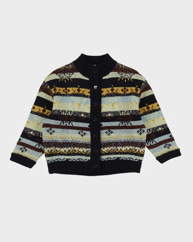 Blue And Yellow Patterned Knitted Cardigan - S Chenille Fabric Brocade Fabric Lace Fabric