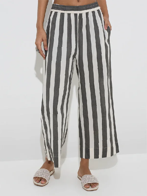 Utsa Grey Stripe Printed Cotton Ethnic Pants Comfortable Denim Leggings