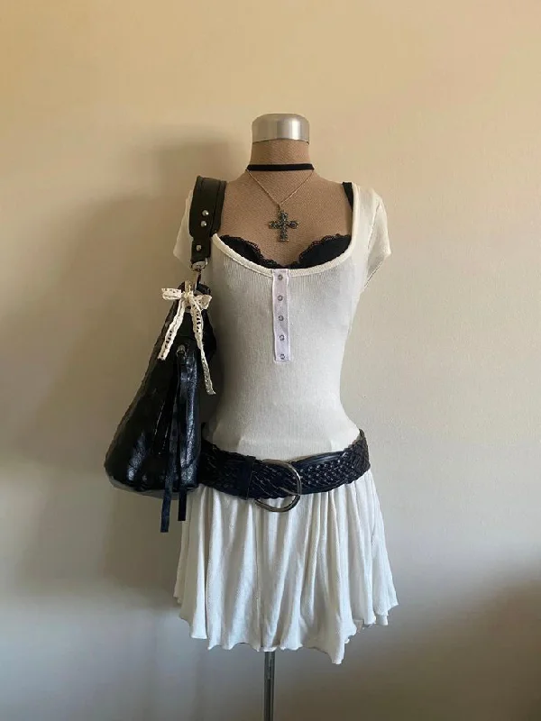 Cinessd Y2k Short Sleeve Slim Mini Women sexy Party Dress Solid color deep button V high waist dress Fashion sexy Hot Girl dress emo ootd Pleated Skirt Elegant