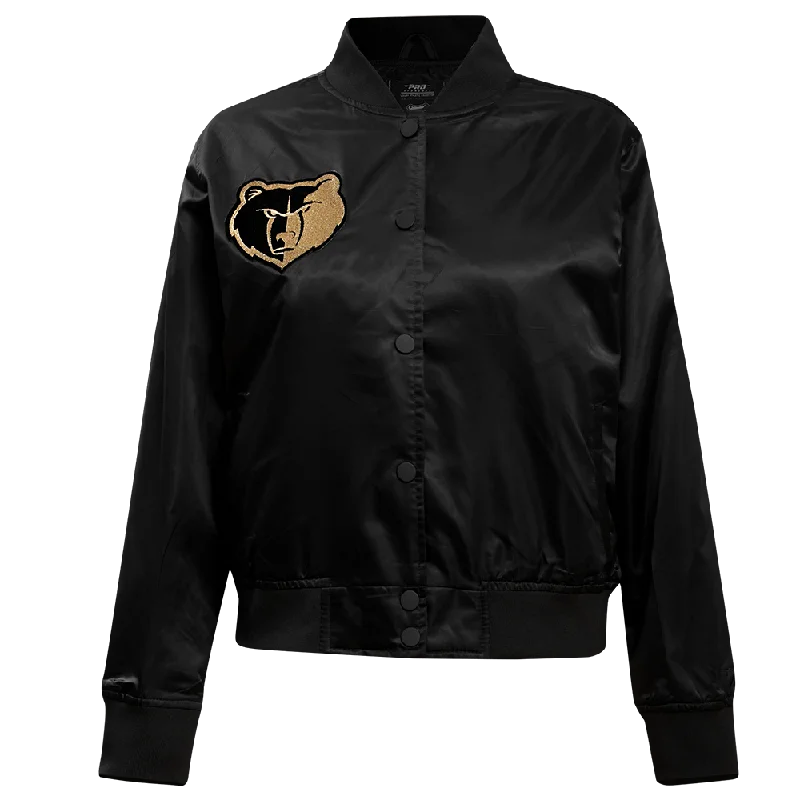 NBA MEMPHIS GRIZZLIES HOLIDAY GLAM WOMEN'S SATIN JACKET (BLACK) Hooded Jacket Caped Jacket Shawl Collar Jacket