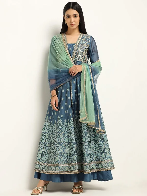 Vark Blue Zardozi Embroidered Cotton Blend Kurta with Skirt and Dupatta asymmetrical skirt cut