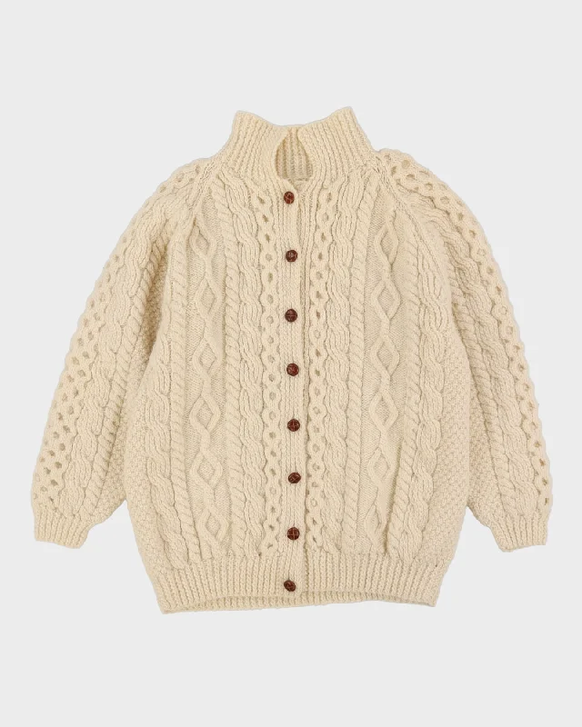 Cream Aran Wool Handknitted Cardigan - L Print Jacquard Patchwork