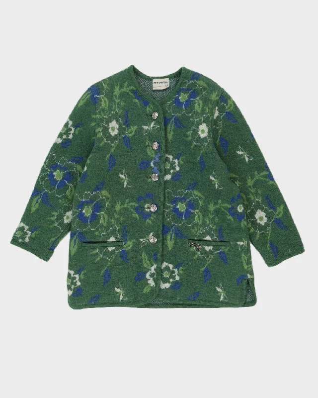 00s Austrian Green Floral Knitted Cardigan - M Hooded Caped Shawl Collar