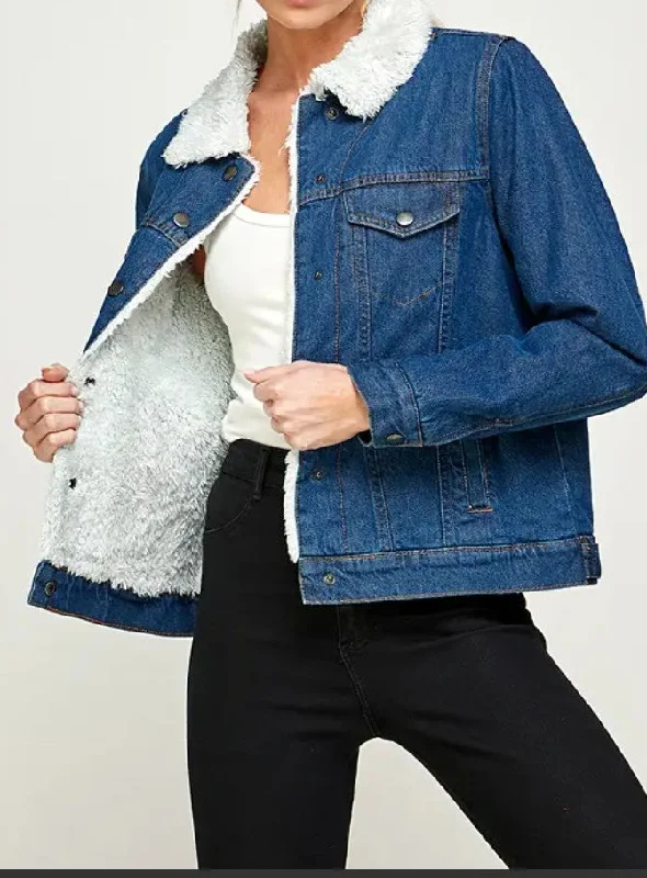 Demin Jacket with Sherpa Medium Wash Tiered Jacket Buttoned Jacket Zippered Jacket