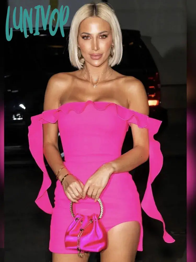 Lunivop New Summer Fashion Women Sexy Off Shoulder Ruffles Hot Pink Mini Bandage Dress Elegant Evening Club Party Dress Lace Sexy Club Lunivop New Summer Fashion Women Sexy Off Shoulder Ruffles Hot Pink Mini Bandage Dress Elegant Evening Club Party Dress Lace Sexy Club
