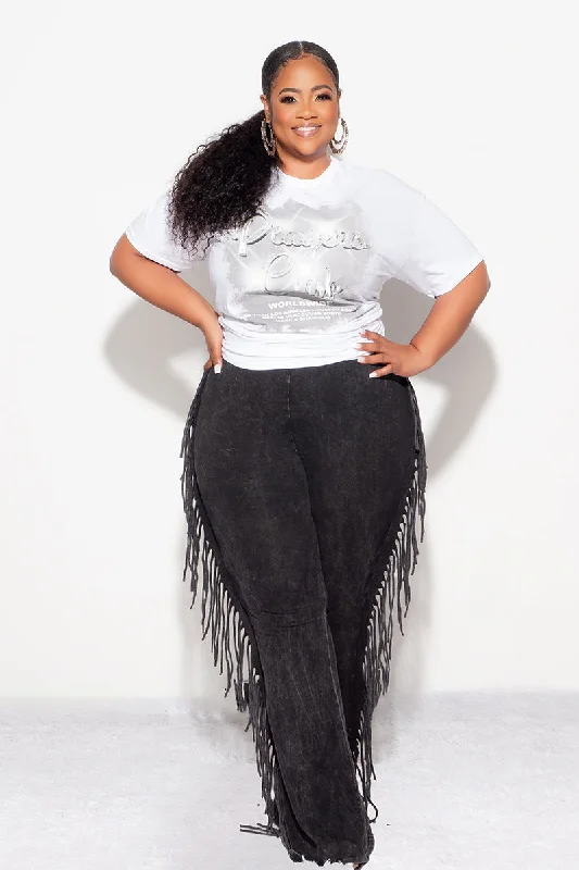 Final Sale Plus Size High Waist Fringe Trim Pants in Black Mineral Wash Print Jersey Comfortable Jogging Pants
