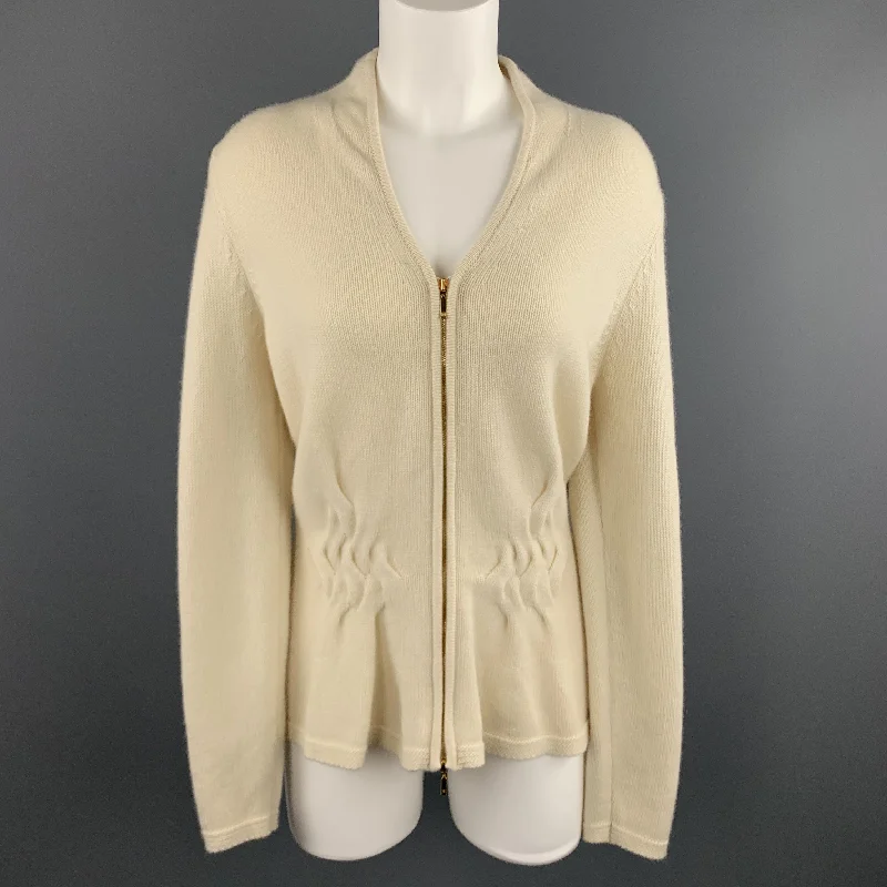 ESCADA Size M Cream CashmereV Neck Cable Knit Panel Zip Cardigan Wool Fabric Cashmere Fabric Tweed Fabric