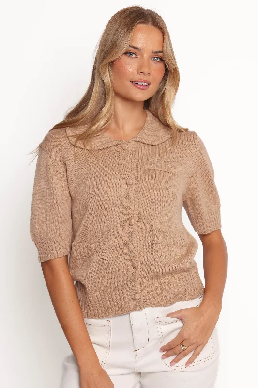 Roman Button Front Cardigan - Beige Chenille Blend Fleece Blend Nylon Blend