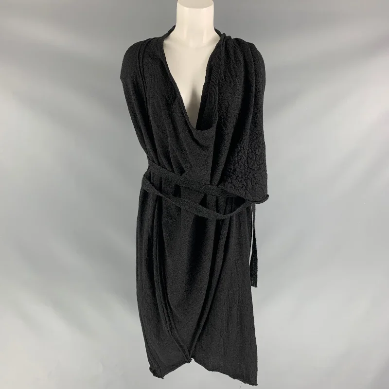 LEON LOUIS Size M Black Knit Merino Wool Wrap Sleeveless Cardigan Satin Fabric Silk Fabric Chiffon Fabric