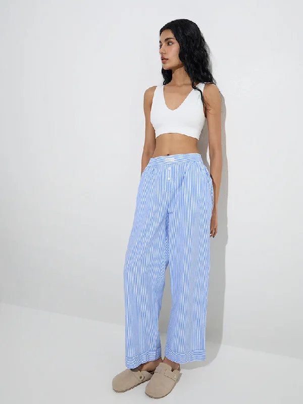 Superstar Blue Striped High-Rise Cotton Pants Relaxed High-Waist Trousers