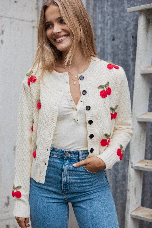 Trudie Cherry Cardigan - Cream Toggled Drawstring Belted