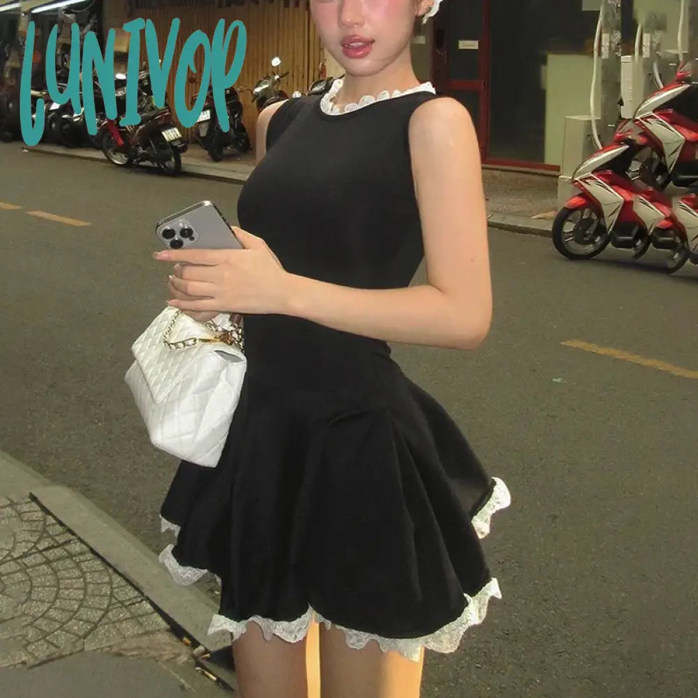Lunivop Splice Lace Mini Dress For Women High Waisted Slim Folds A-Line Hem Dresses Sleeveless Elegant Evening Party Dress Lady Crew Neckline Casual Lunivop Splice Lace Mini Dress For Women High Waisted Slim Folds A-Line Hem Dresses Sleeveless Elegant Evening Party Dress Lady Crew Neckline Casual