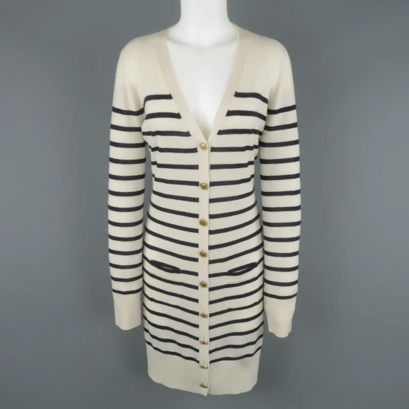 CHLOE Size M Cream & Navy Sailor Striped Cashmere Gold Button Long Cardigan Stretchy Elastic Breathable