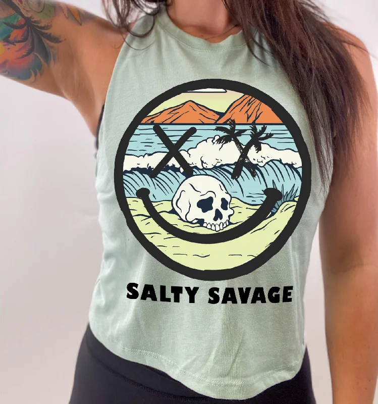 Salty Savage Ladies "Spliced Smile Beach Skull" Flowy Crop Tank cropped tank top