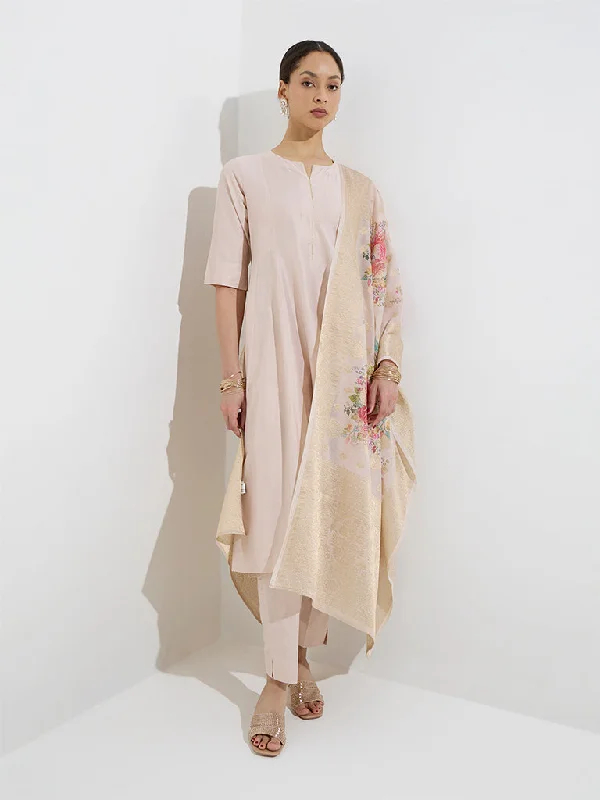 Vark Beige Kurta with Pants and Floral Dupatta Set Classic Flared Pants