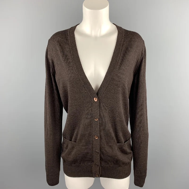 DOLCE & GABBANA Size 6 Brown Knitted Virgin Wool Cardigan Fitted Slim Tailored