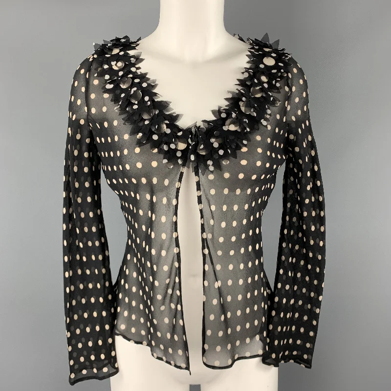 MOSCHINO Size 8 Black & Cream Polk Dot Silk Floral Cardigan Blouse Beaded Cardigan Sequined Faux Fur