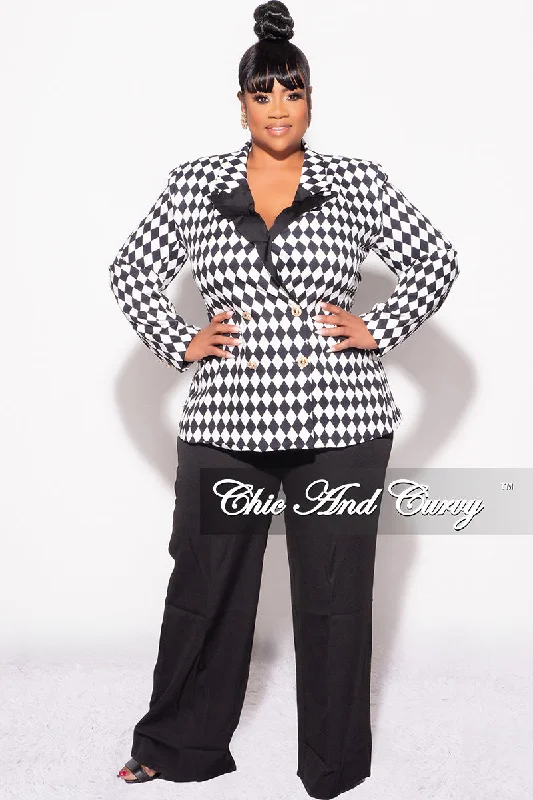 Final Sale Plus Size 2pc Pants Suit in Black and White Diamond Print Casual Skinny Fit Pants