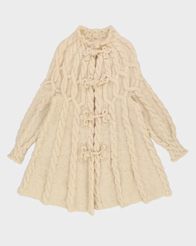 Hand Knitted Cream A-Line Wool Cardigan - M Fitted Loose Oversized