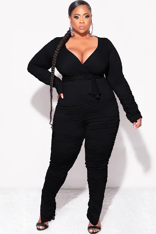 Final Sale Plus Size Ruched 2pc Faux Wrap Tie Top and Pants in Black Classic Stretch Pants