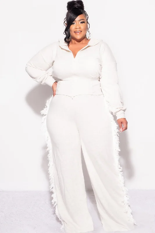 Final Sale Plus Size 2pc Hooded Tassel Pant Set in Ivory Grey Chic Wool Trousers