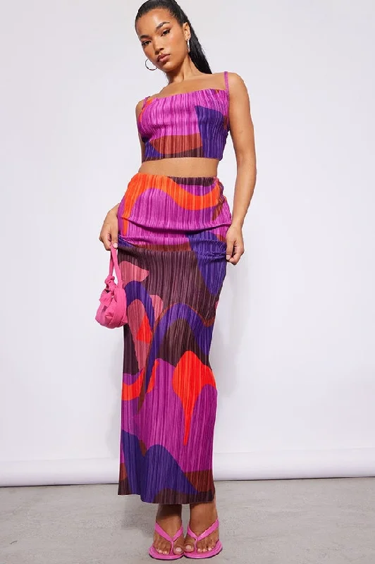 Plisse Strappy Cow Neck Top + Skirt Set button skirt front