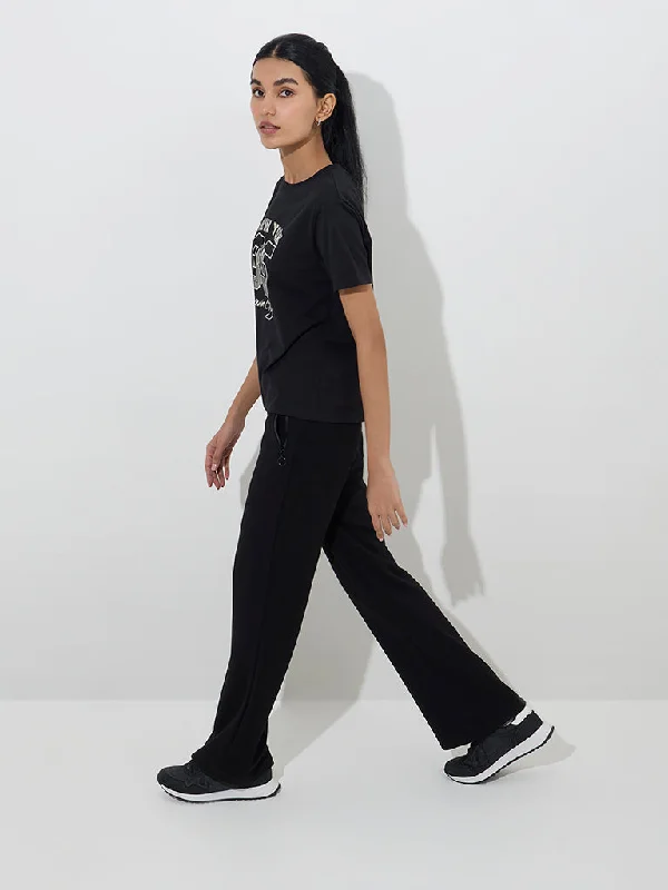 Studiofit Black High-Rise Flared Track Pants Elegant Palazzo Trousers