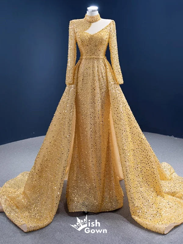 Gorgeous Yellow High Neck Long Sleeves A-line Lace up Back Party Dress Long Prom Dresses to Impress, WGP952 Tunics Polka dots Gorgeous Yellow High Neck Long Sleeves A-line Lace up Back Party Dress Long Prom Dresses to Impress, WGP952 Tunics Polka dots