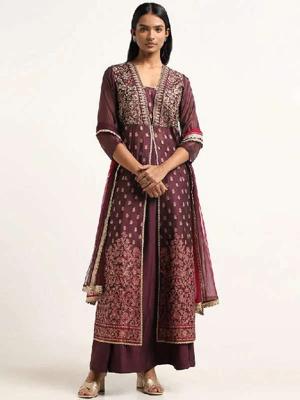 Vark Purple Embroidery Cotton Blend Kurta, Skirt and Dupatta Set relaxed fit skirt