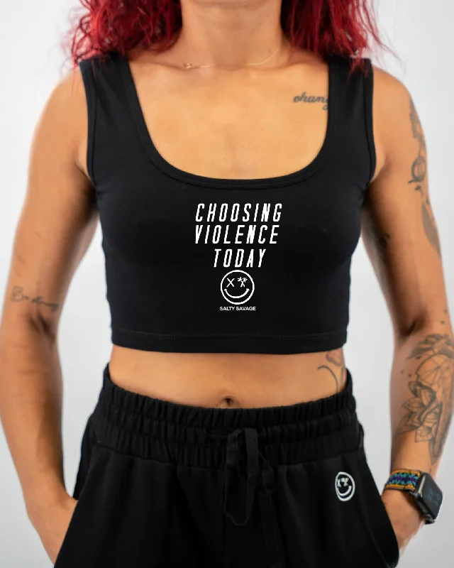 Salty Savage Ladies “Choosing Violence Today” Double Scoop Neck Cropped Tank | Basic grey tank top