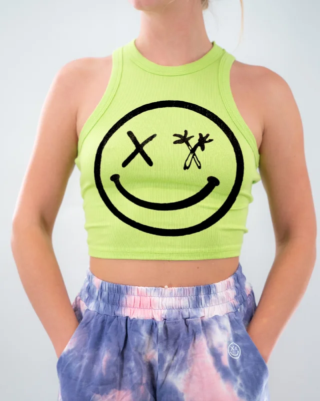 Salty Savage Ladies "Spliced Smile" Micro Ribbed High Neck Crop Tank open back tank