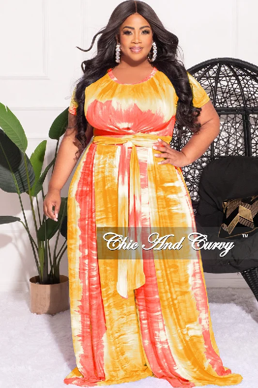 Final Sale Plus Size 2pc Set Cropped Tie Top & Pants in Yellow Pink and White Tie Dye Print Fashionable Track Pants