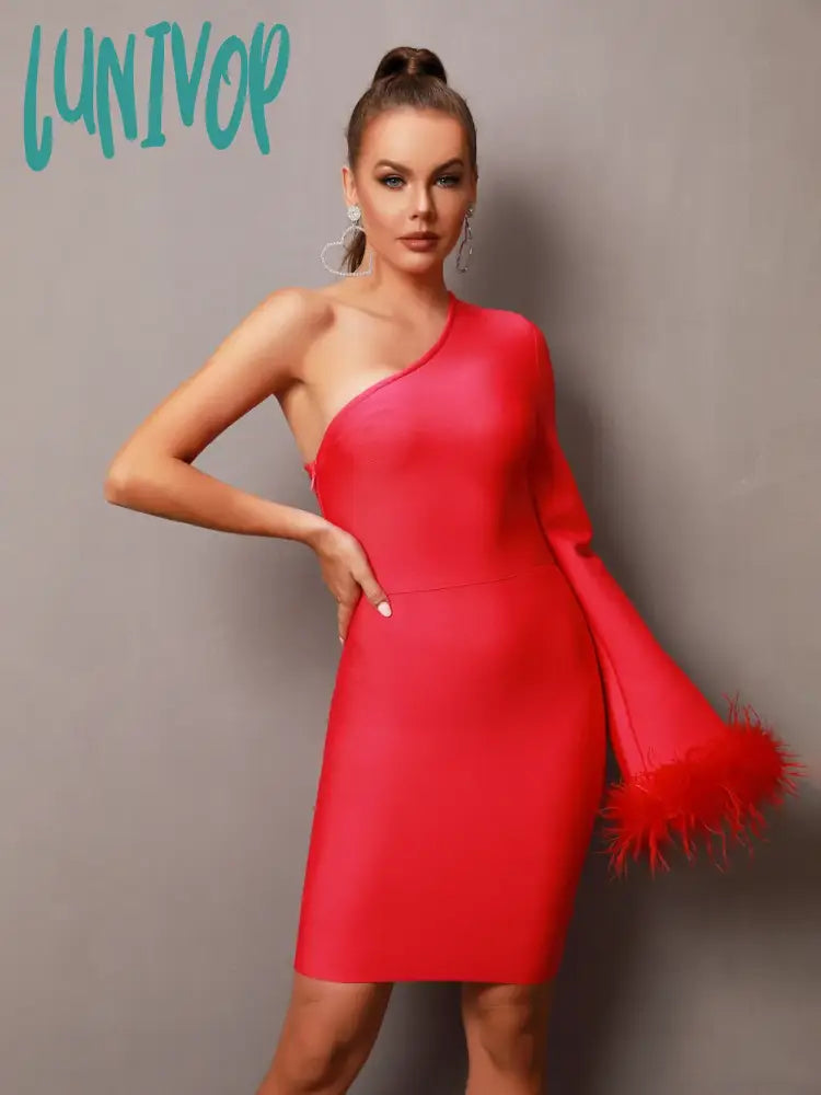 Lunivop New Arrival Women Summer Sexy One Shoulder Feather Hot Pink Mini Bodycon Bandage Dress Elegant Evening Club Party Dress Tunics Versatile functional Lunivop New Arrival Women Summer Sexy One Shoulder Feather Hot Pink Mini Bodycon Bandage Dress Elegant Evening Club Party Dress Tunics Versatile functional