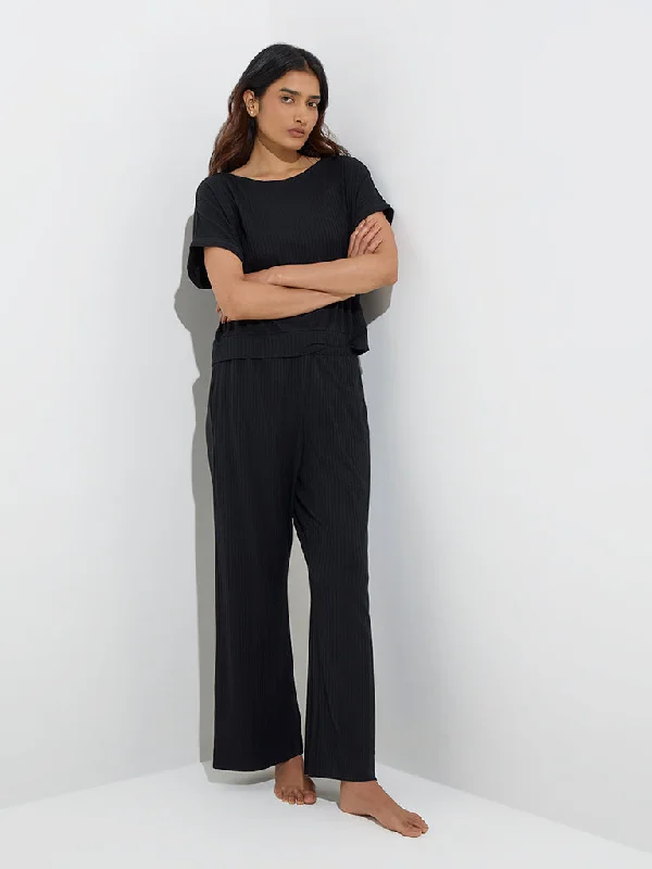 Wunderlove Black Self-Striped High-Rise Lounge Pants Comfortable Cargo Pants