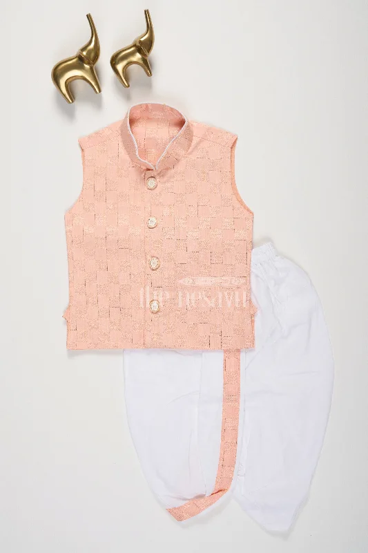 Peach Boys Dhoti Set with Checkered Vest and White Pants Elegant Trouser Pants
