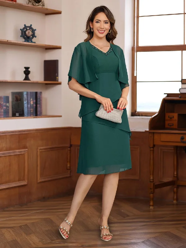 A-Line/Princess V-Neck Knee Length Mother of the Bride & Groom Dresses with Jacket & Sequins Herringbone Jacket Houndstooth Jacket Plaid Jacket