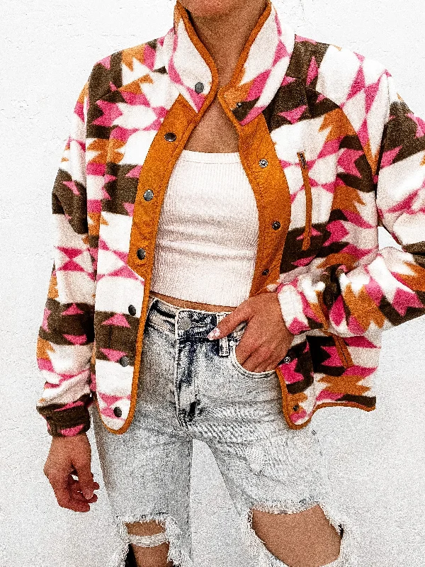 Pop of Pink Western Aztec Fleece Snap Button Jacket Chenille Fabric Brocade Fabric Lace Fabric