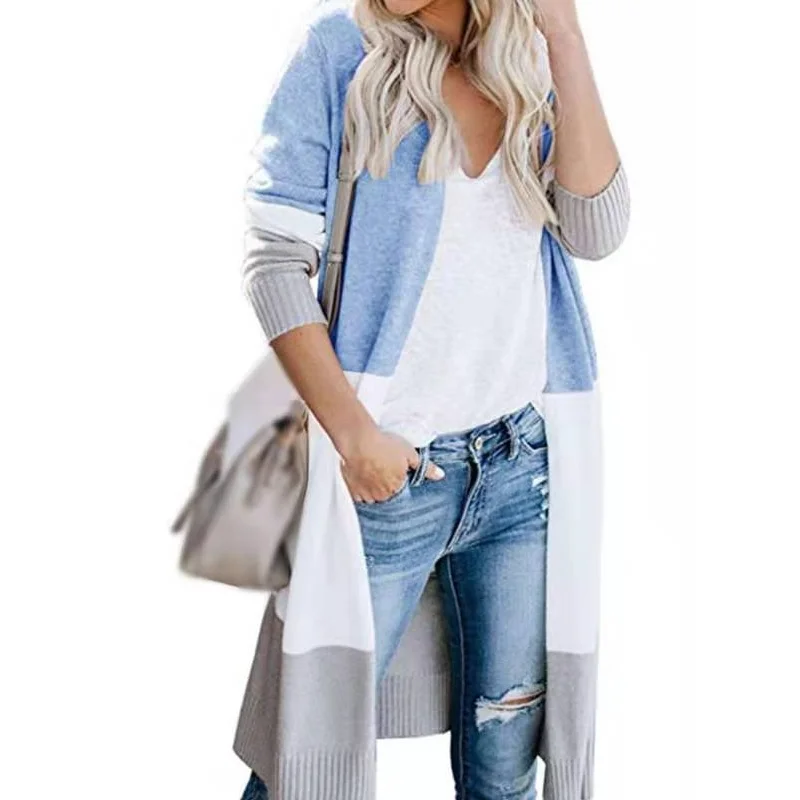 Women Stripe Pattern Block Color Knitted Cardigan Front Pockets Side Pockets Patch Pockets
