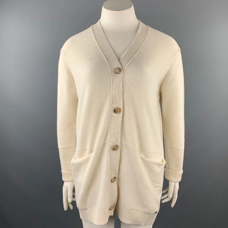 HERMES Size 10 Cream Knitted Cashmere Buttoned Cardigan Beaded Cardigan Sequined Faux Fur