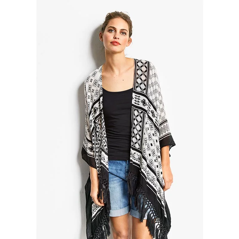 Black Tassel Chiffon Beach Cardigan #Beach Dress #White #Black Mesh Blend Leather Blend Suede Blend