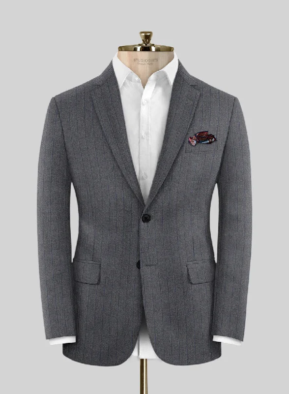 Scabal Tornado Stripes Gray Blue Wool Jacket Belted Jacket Elasticated Jacket Padded Jacket