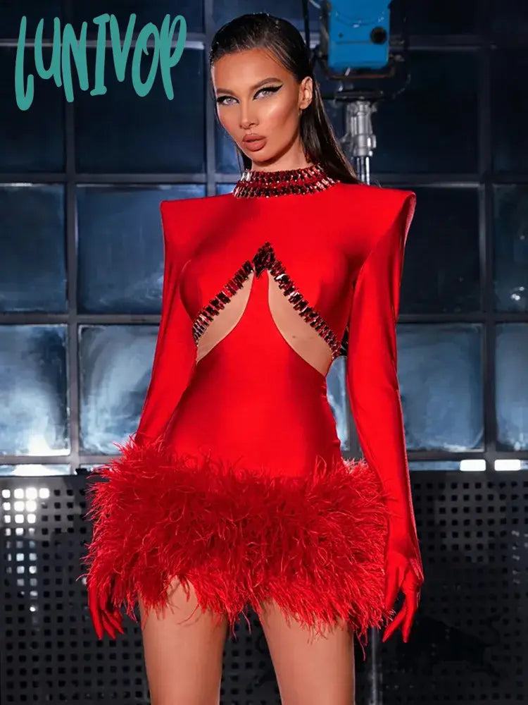 Lunivop Women Celebrity Sexy Long Sleeve Feather Beading Cut Out Red Mini Bodycon Bandage Dress Elegant Evening Club Party Dress High-Low Hemline Casual Lunivop Women Celebrity Sexy Long Sleeve Feather Beading Cut Out Red Mini Bodycon Bandage Dress Elegant Evening Club Party Dress High-Low Hemline Casual