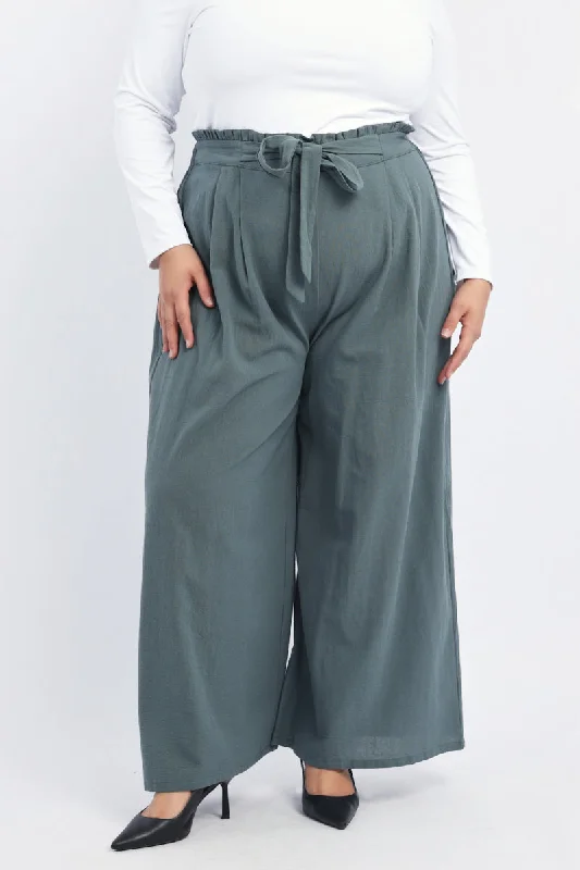 Green Washer Cotton Paperbag Wide Leg Pants Casual Skinny Fit Pants