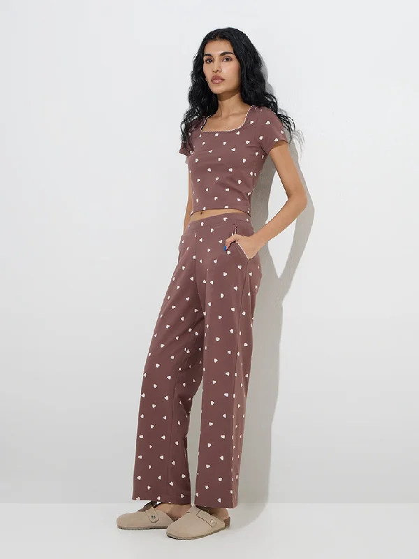 Superstar Dark Brown Printed High-Rise Cotton-Blend Pants Fashionable Button-Up Pants