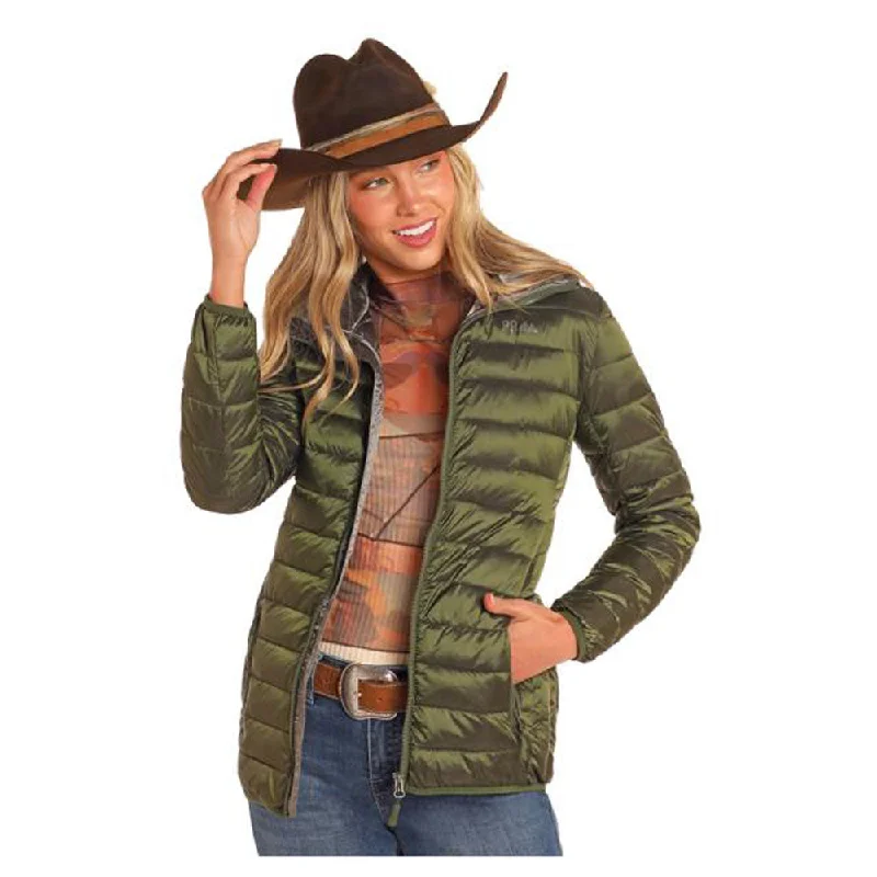DW92C04159 Powder River Women's Hooded Puffer Jacket - Olive Faux Fur Jacket Real Fur Jacket Shearling Jacket