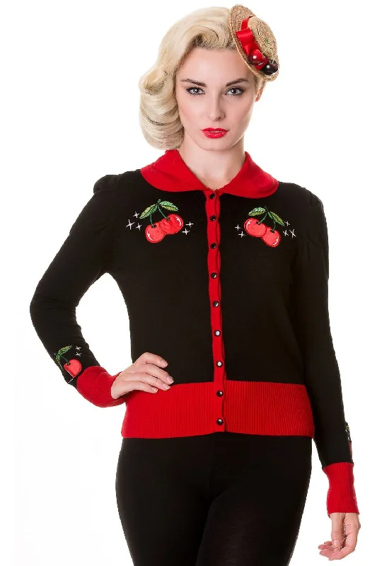 Banned Apparel - Black Red Vintage Cherry Cardigan Soft Cozy Warm