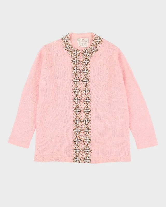 Vintage 60s Hudson's Bay Company Pink Beaded Cardigan - M Spandex Rayon Corduroy