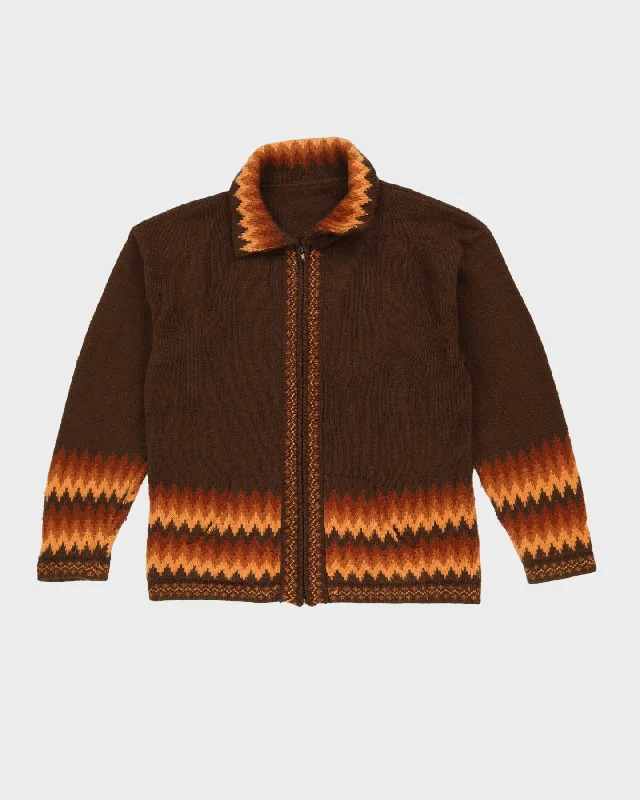 Hand Knitted Brown Patterned Alpaca Cardigan - M Faux Fur Fabric Real Fur Fabric Shearling Fabric